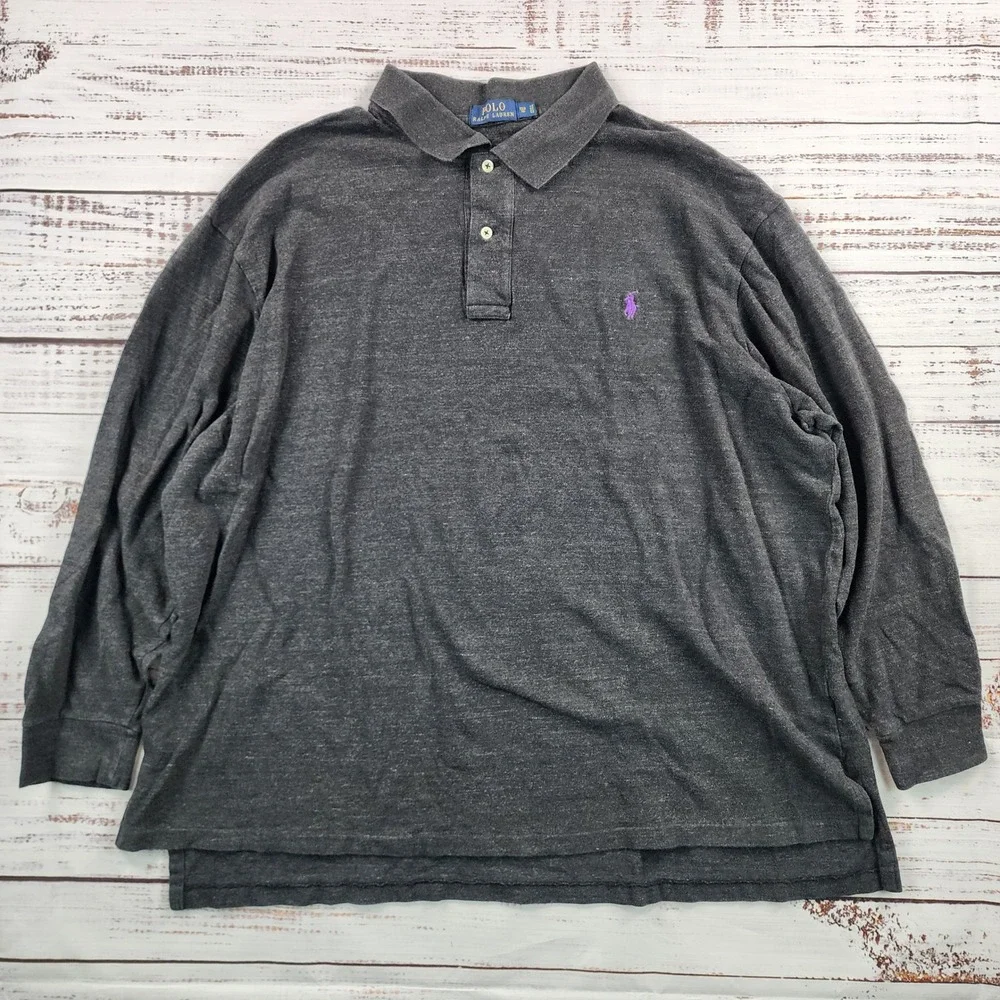 Polo Ralph‎ Lauren Mens 3XB Big Long Sleeve Polo Shirt Charcoal Gray Purple Pony